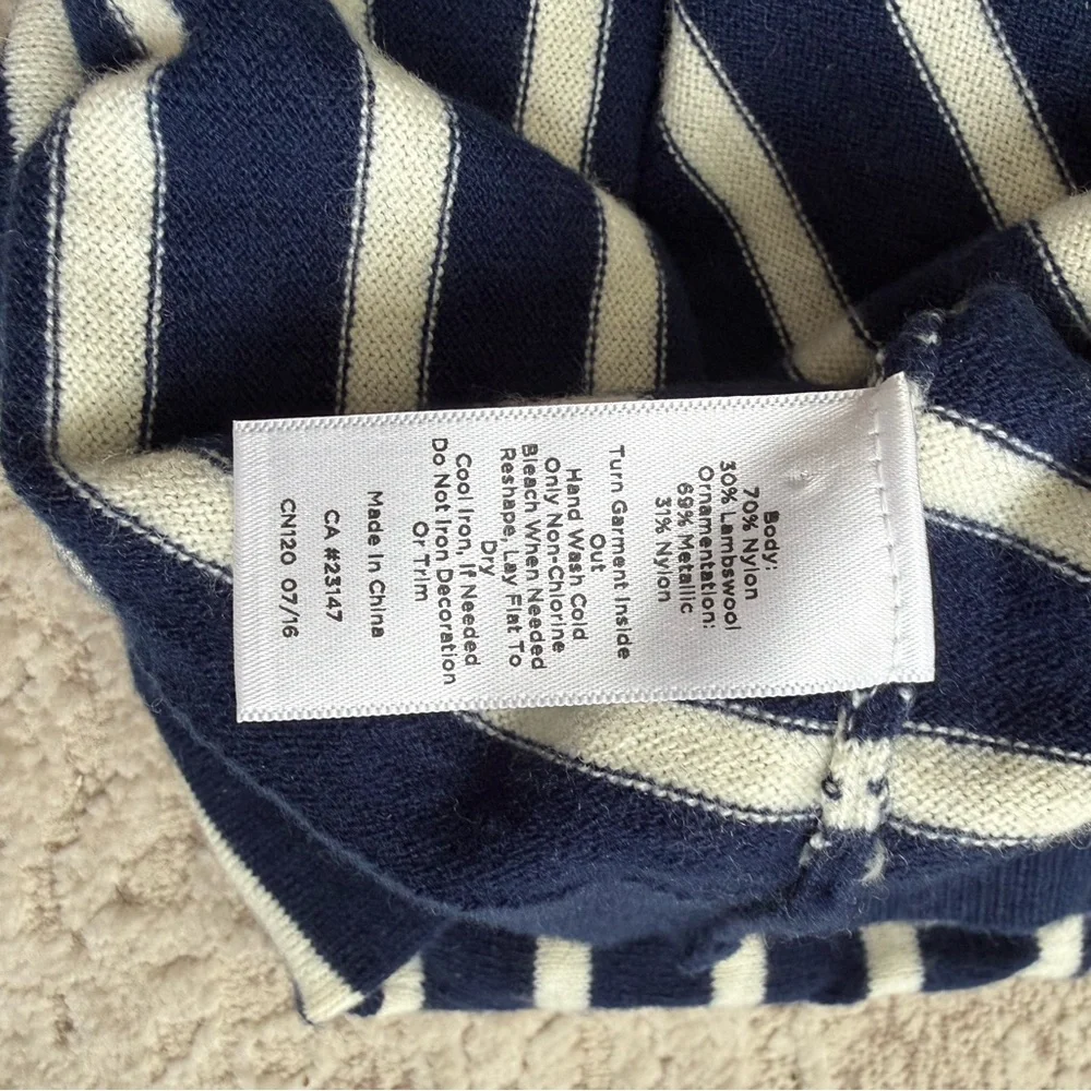 Talbots EUC Striped Metallic Whale Knit Pullover Sweater Navy White Gold M - Picture 10 of 12